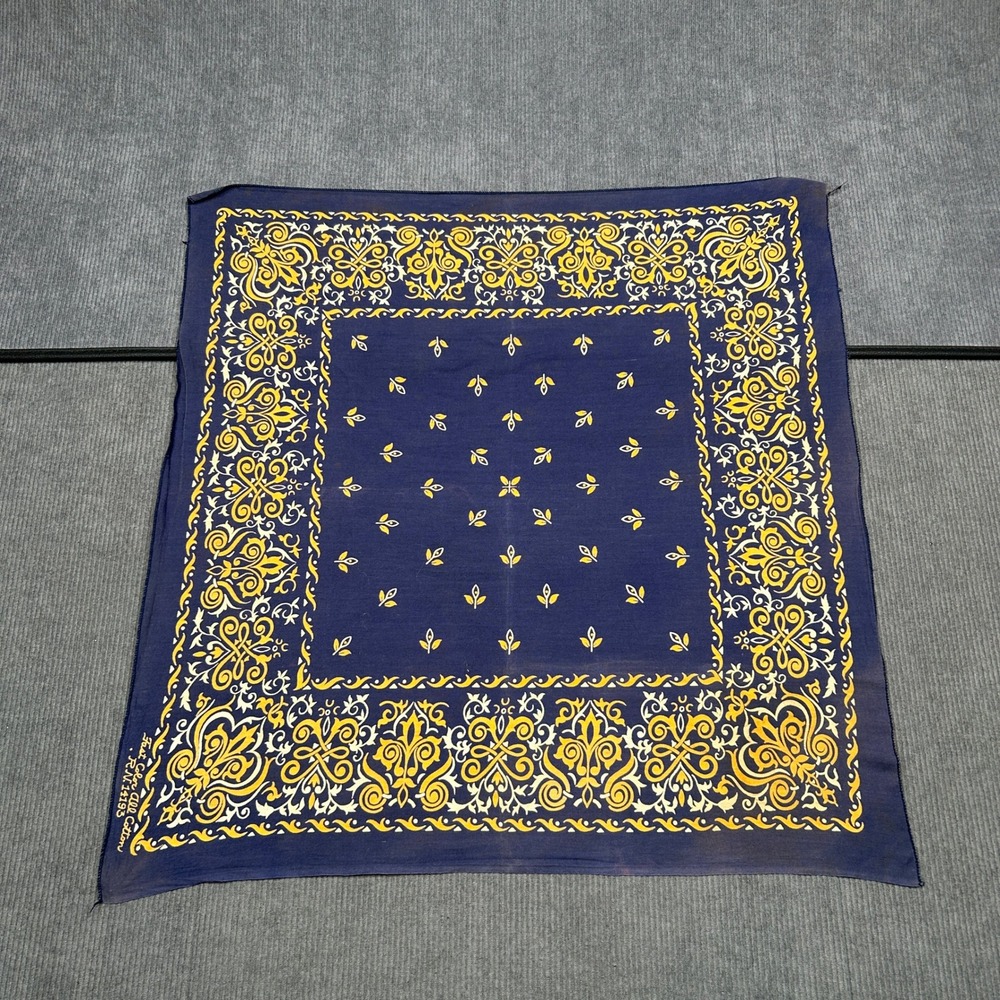 Vintage Navy Blue Cotton Bandana Yellow Fleur De Lis Scrollwork Scarf RN 14193